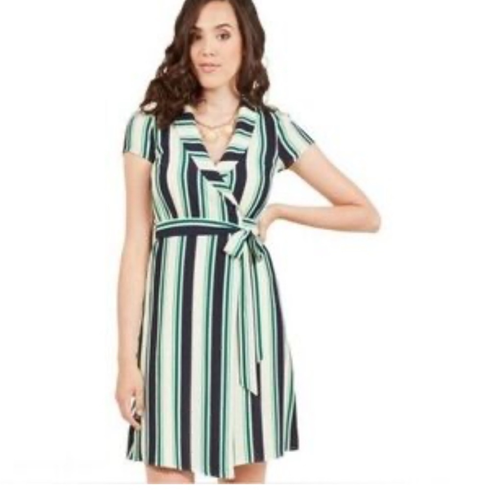 ModCloth Vertical Striped Wrap Dress Green Blue Womens 2x